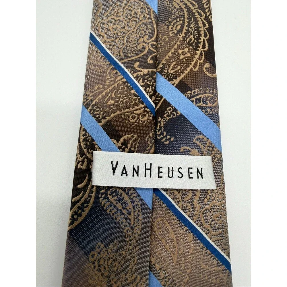 Van Heusen Mens Silk Tie Gold Blue Paisley Striped Classic Necktie
